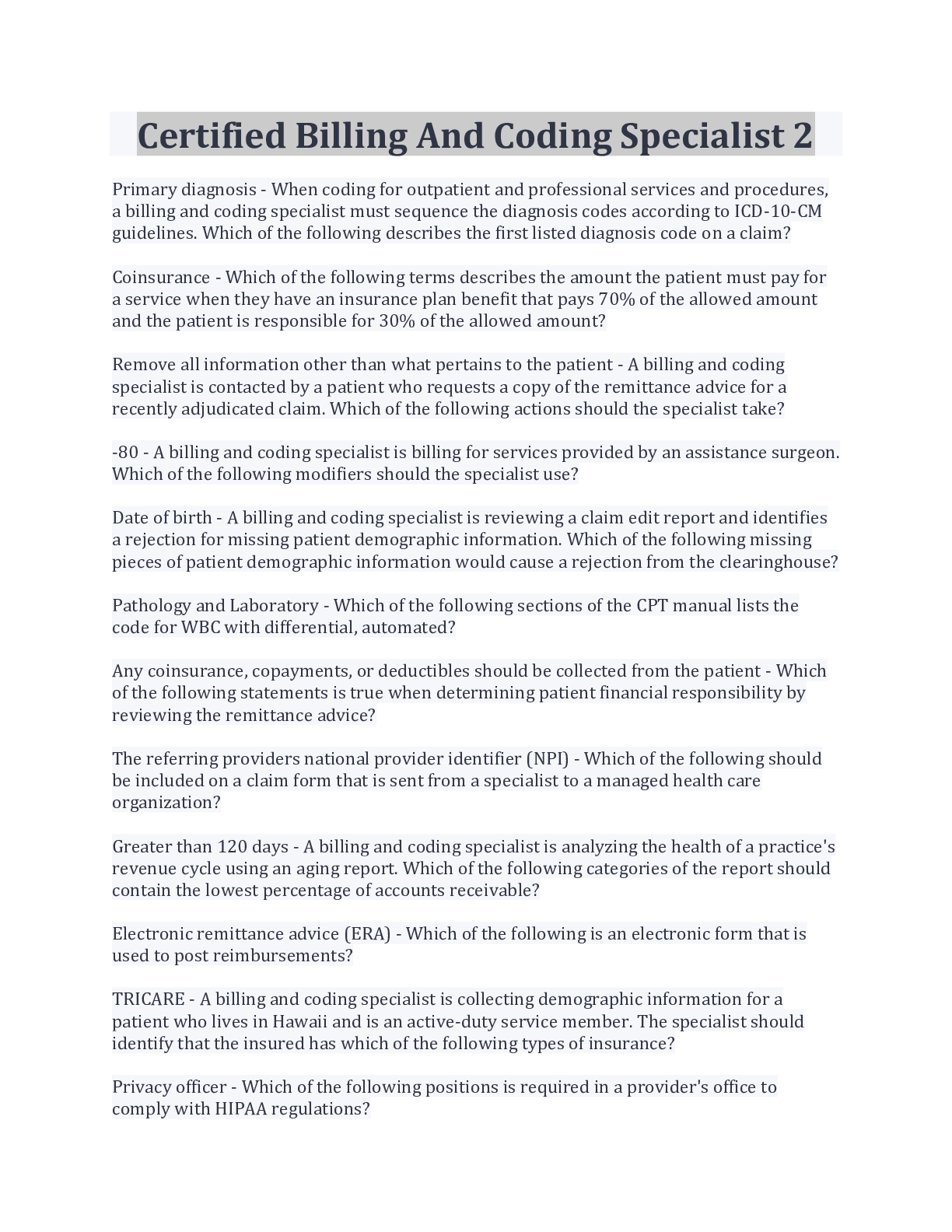 Preview image for Certified Billing And Coding Specialist 2 Questions And Answers